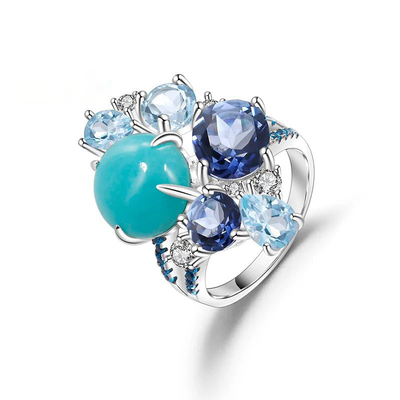 925 Sterling Silver Statement Ring Natural Amazonite Blue Topaz