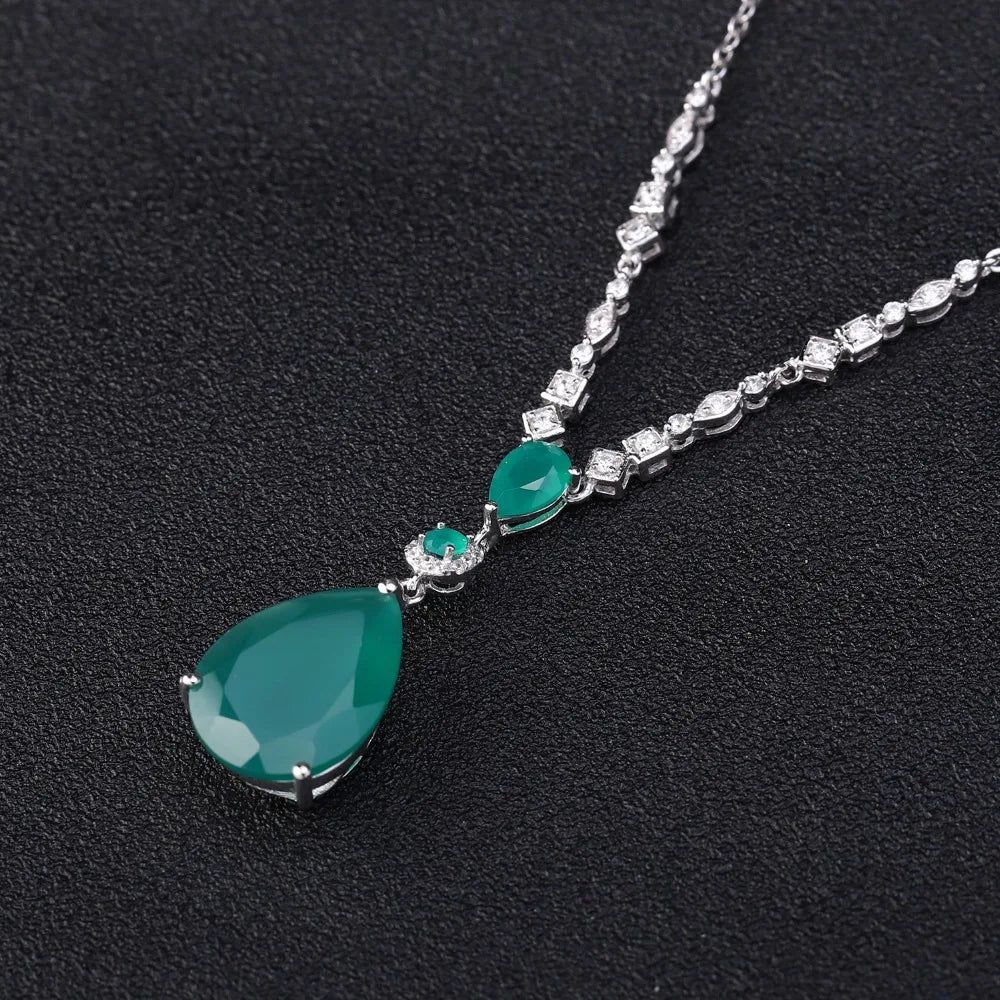 925 Sterling Silver Vintage Jewelry Natural Green Agate Pendant Necklace