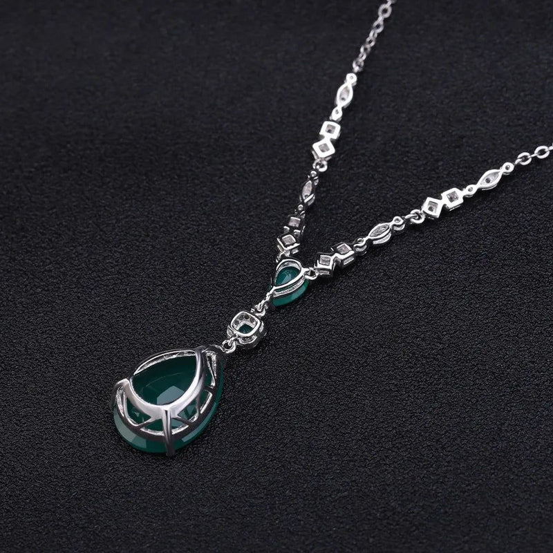 925 Sterling Silver Vintage Jewelry Natural Green Agate Pendant Necklace