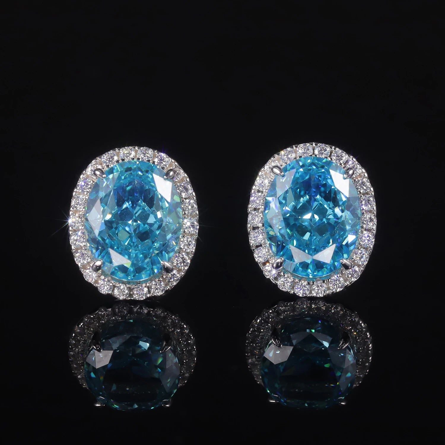 925 Sterling Silver Women's Oval Aqua Blue Halo Earrings