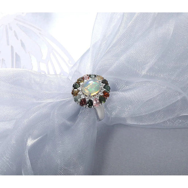 925 Sterling Silver Natural Opal Ring Colorful Tourmaline Gemstone Fine Jewelry-Lucid Fantasy