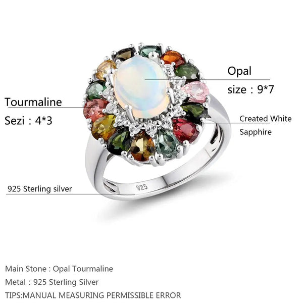925 Sterling Silver Natural Opal Ring Colorful Tourmaline Gemstone Fine Jewelry-Lucid Fantasy