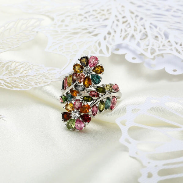 925 Sterling Silver Tourmaline Flower Ring 3.5ct Natural Colorful Gems Fine Jewelry-Lucid Fantasy