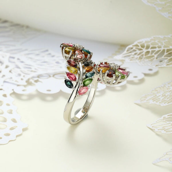 925 Sterling Silver Tourmaline Flower Ring 3.5ct Natural Colorful Gems Fine Jewelry-Lucid Fantasy