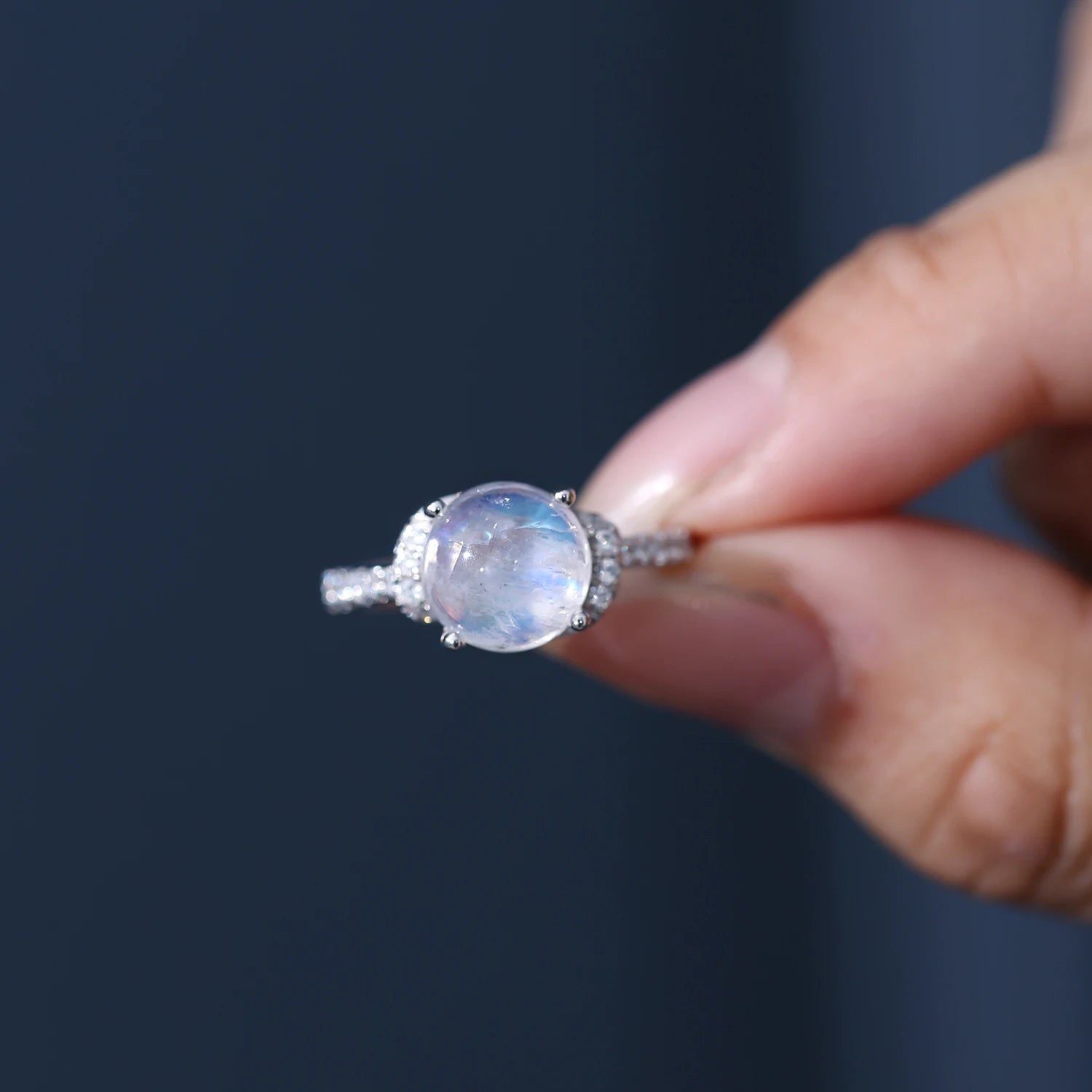 9mm Round Natural Milky Blue Moonstone Ring in 925 Silver