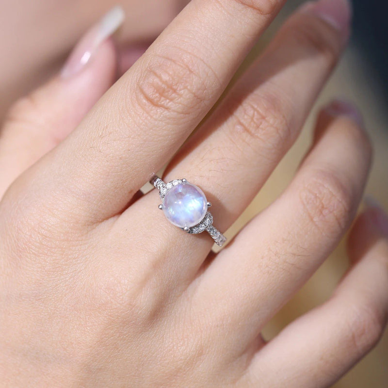 9mm Round Natural Milky Blue Moonstone Ring in 925 Silver