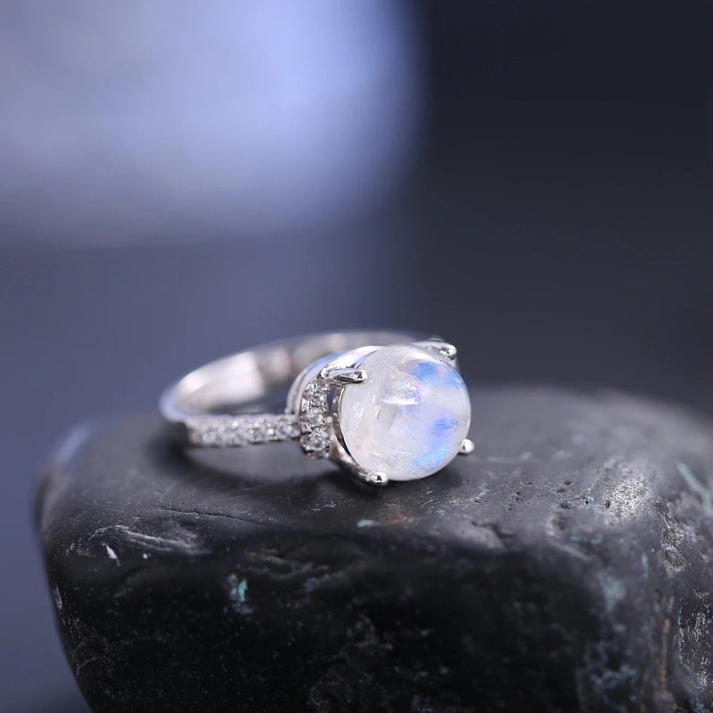 9mm Round Natural Milky Blue Moonstone Ring in 925 Silver