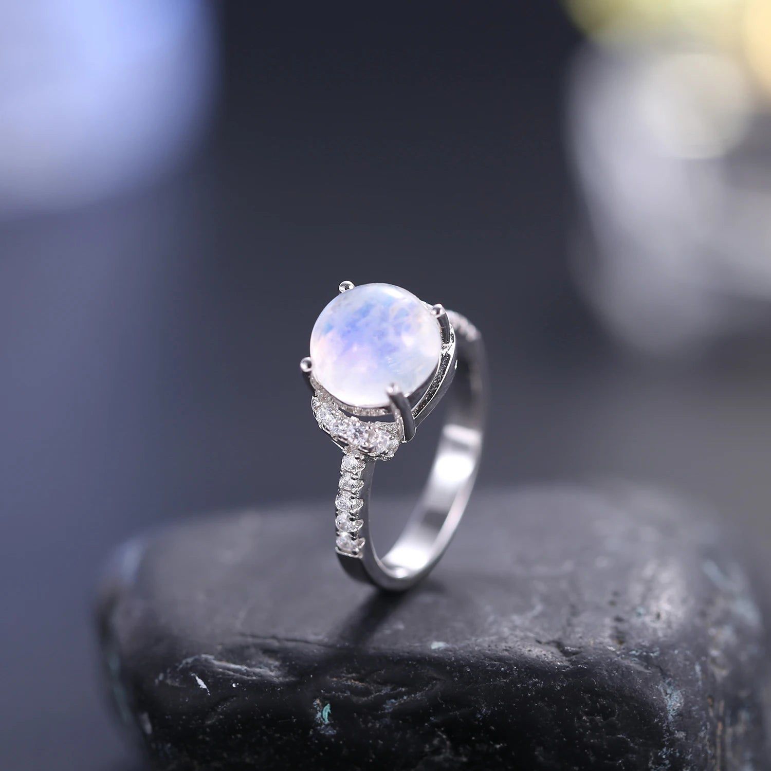 9mm Round Natural Milky Blue Moonstone Ring in 925 Silver