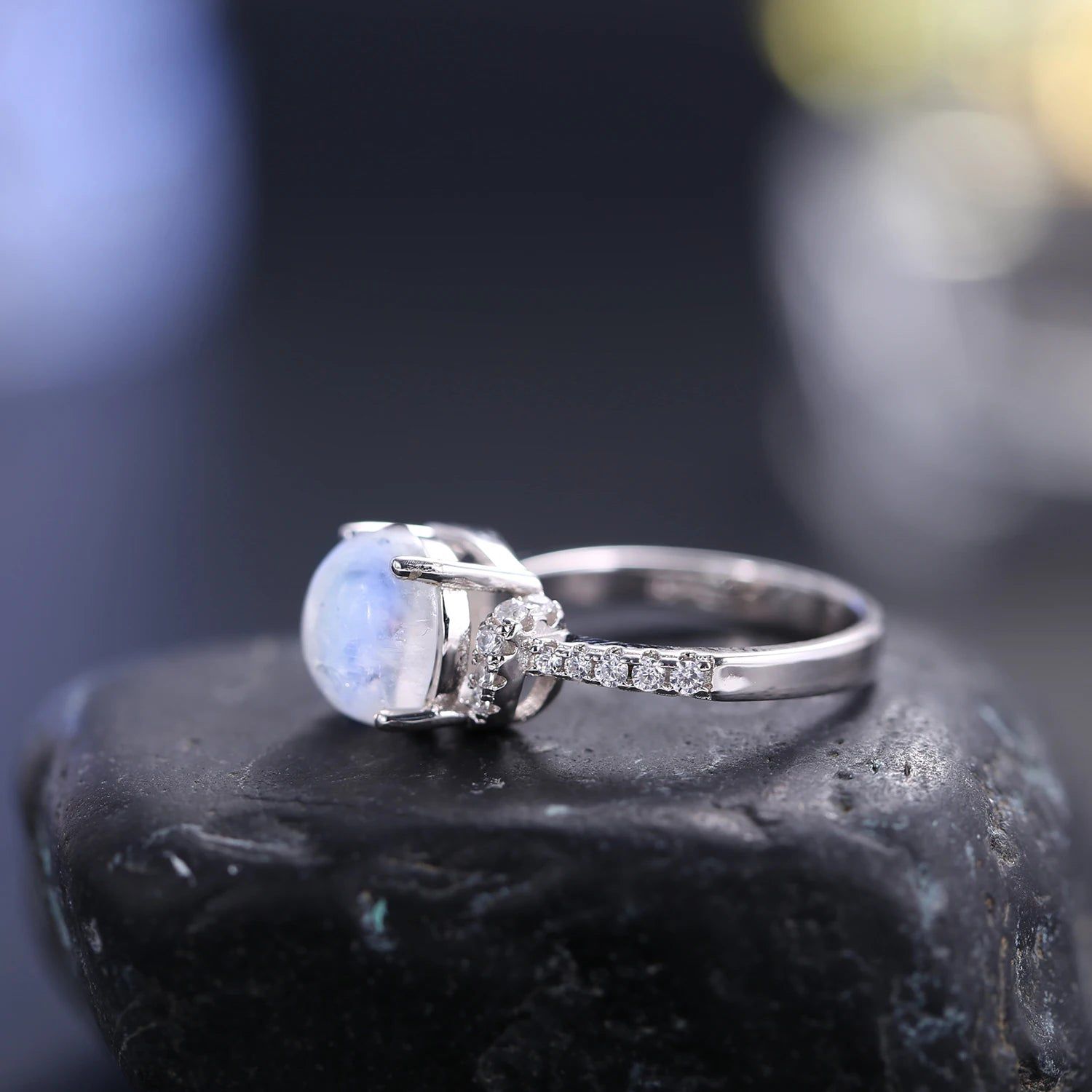 9mm Round Natural Milky Blue Moonstone Ring in 925 Silver