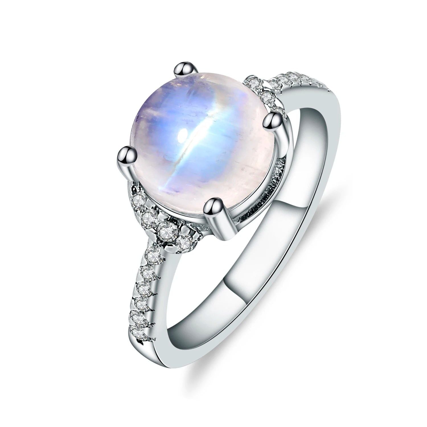 9mm Round Natural Milky Blue Moonstone Ring in 925 Silver