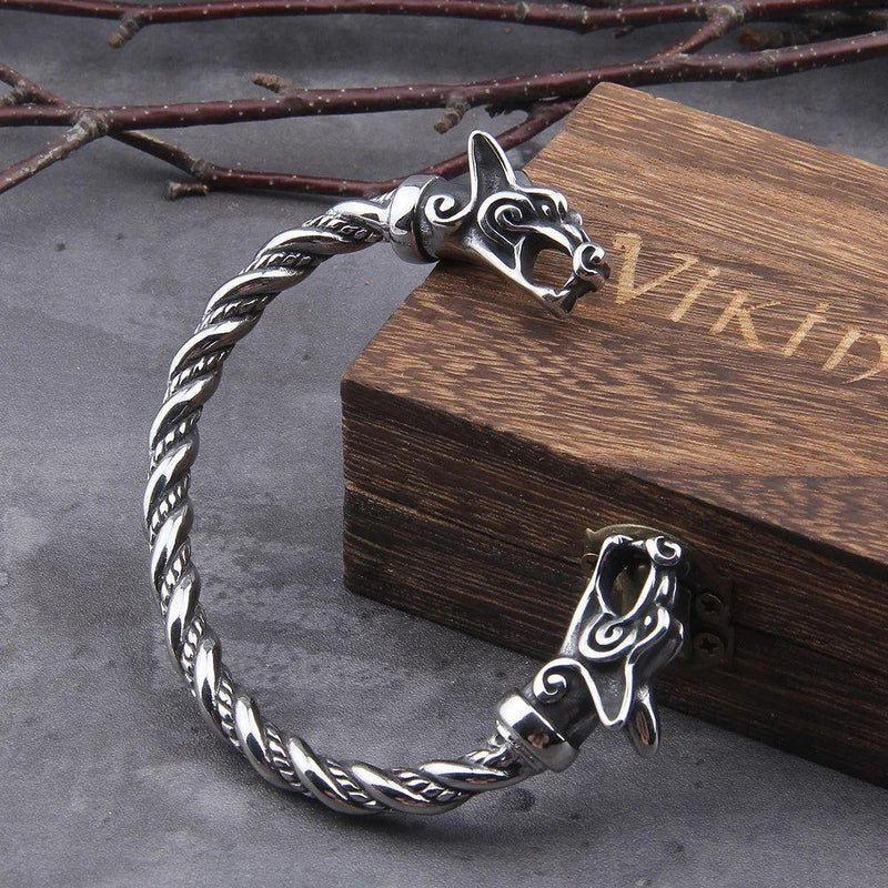 Adjustable Stainless Steel Norse Wolf Cuff Bracelet for Men with Viking Wooden Box