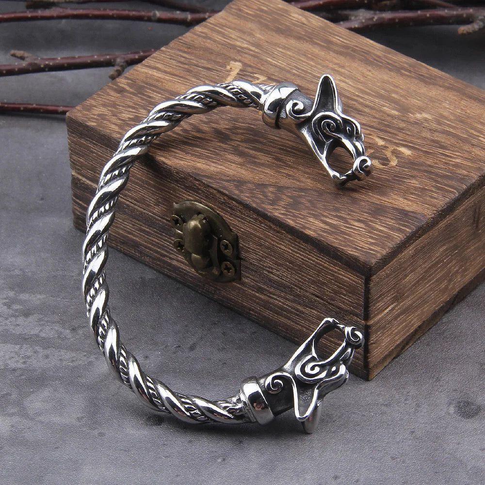 Adjustable Stainless Steel Norse Wolf Cuff Bracelet for Men with Viking Wooden Box