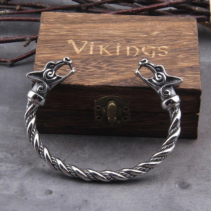 Adjustable Stainless Steel Norse Wolf Cuff Bracelet for Men with Viking Wooden Box