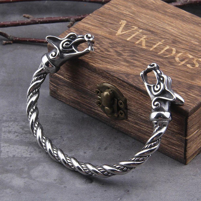 Adjustable Stainless Steel Norse Wolf Cuff Bracelet for Men with Viking Wooden Box