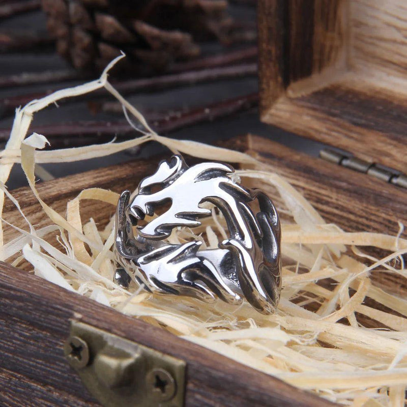 Adjustable Stainless Steel Vegvisir Dragon Ring for Men with Viking Wooden Box - Perfect Gift for Boyfriend