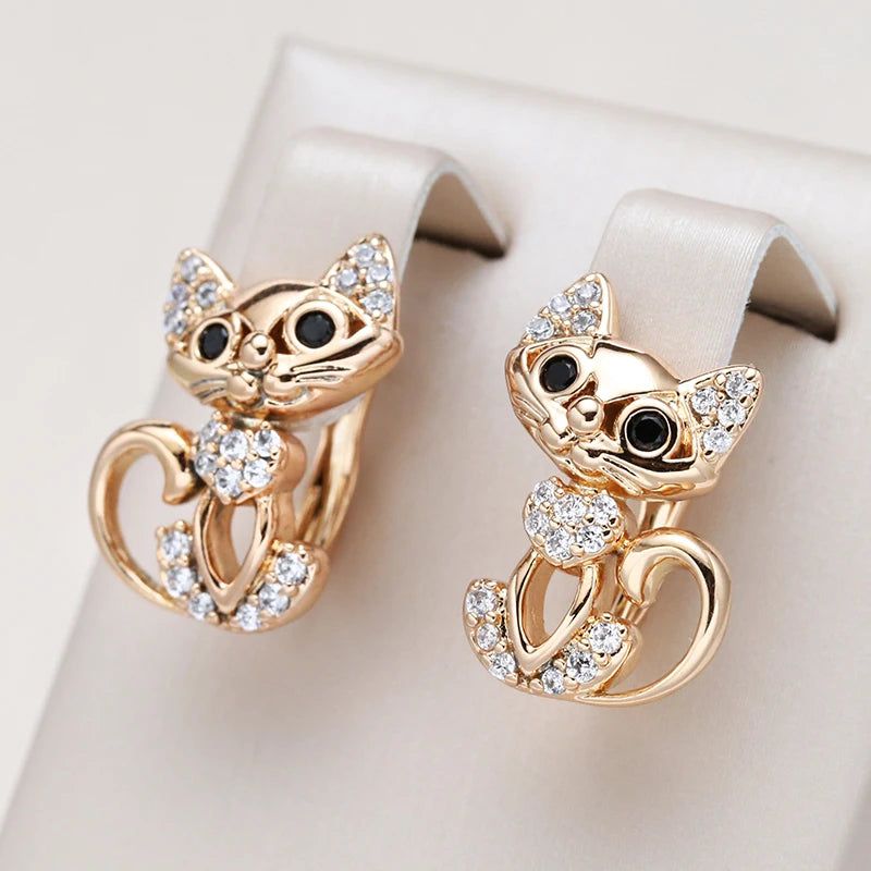 Adorable 585 Rose Gold Cat Earrings with Micro Wax Inlay and Natural Zircon Stones for Fashion-forward Gifting