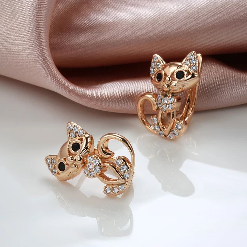 Adorable 585 Rose Gold Cat Earrings with Micro Wax Inlay and Natural Zircon Stones for Fashion-forward Gifting