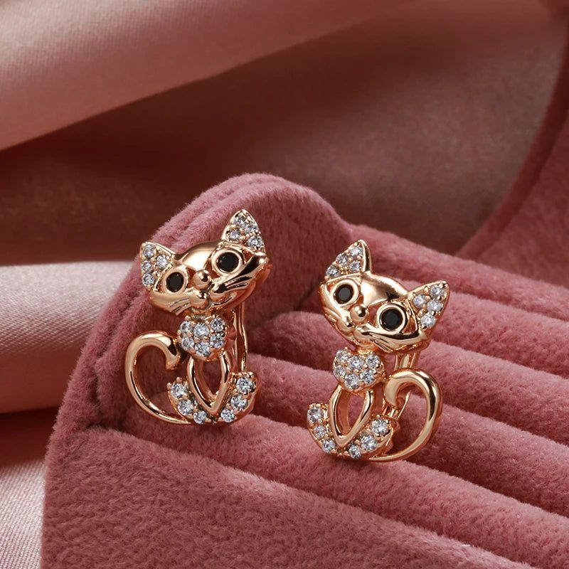 Adorable 585 Rose Gold Cat Earrings with Micro Wax Inlay and Natural Zircon Stones for Fashion-forward Gifting