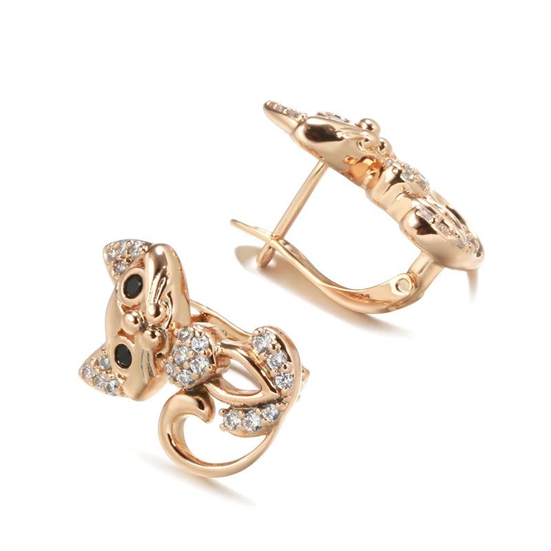 Adorable 585 Rose Gold Cat Earrings with Micro Wax Inlay and Natural Zircon Stones for Fashion-forward Gifting