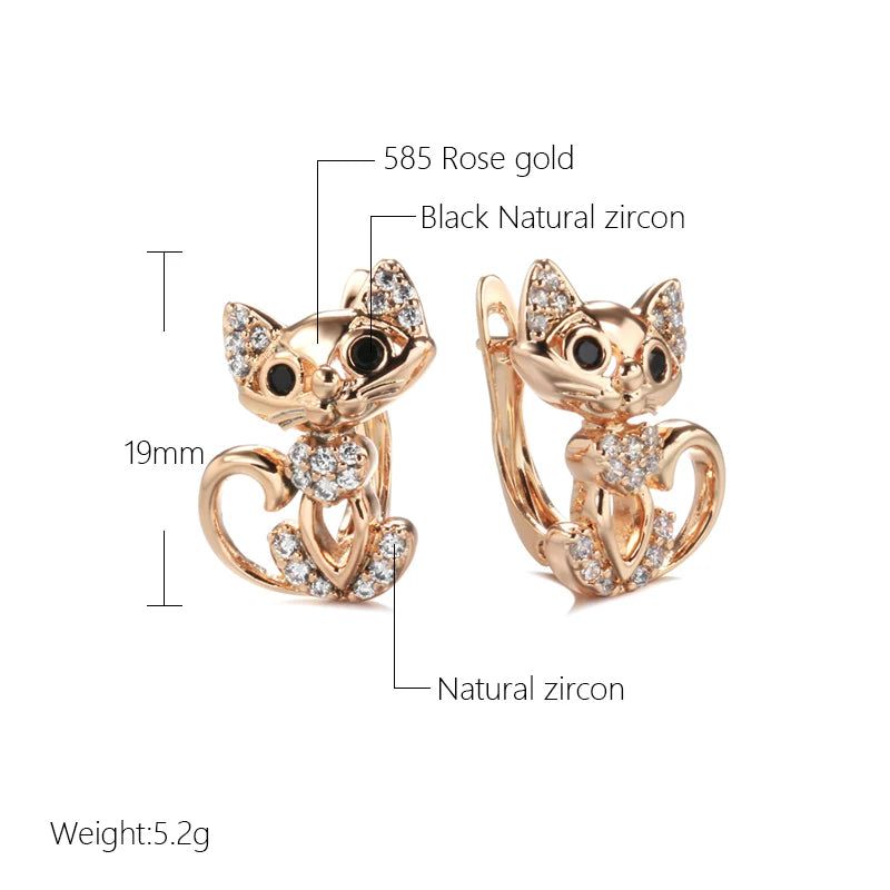 Adorable 585 Rose Gold Cat Earrings with Micro Wax Inlay and Natural Zircon Stones for Fashion-forward Gifting