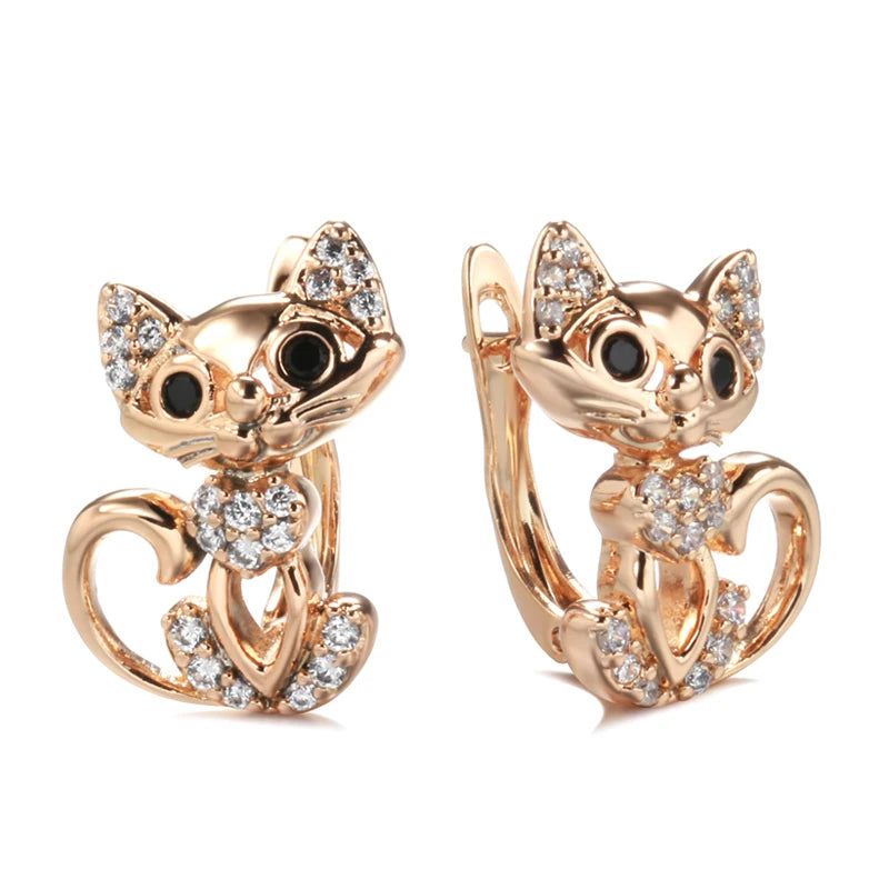 Adorable 585 Rose Gold Cat Earrings with Micro Wax Inlay and Natural Zircon Stones for Fashion-forward Gifting