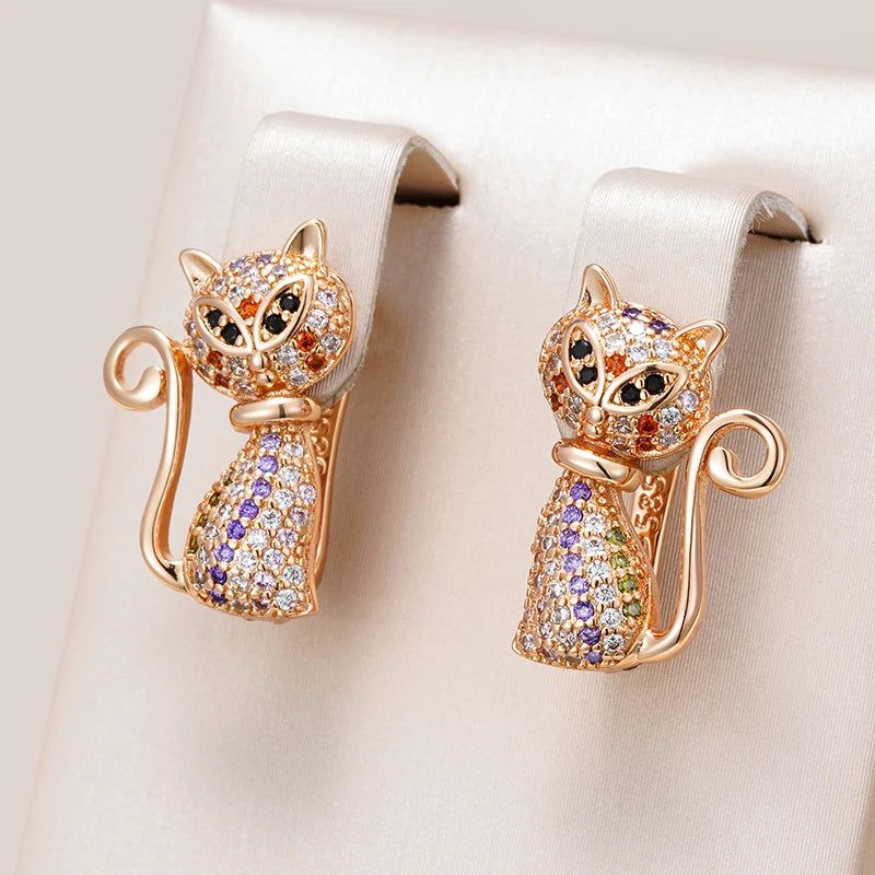 Adorable 585 Rose Gold Cat-Shaped Earrings with Black Natural Zircon for Kids - Charming Animal Jewelry for Festive Celebrations