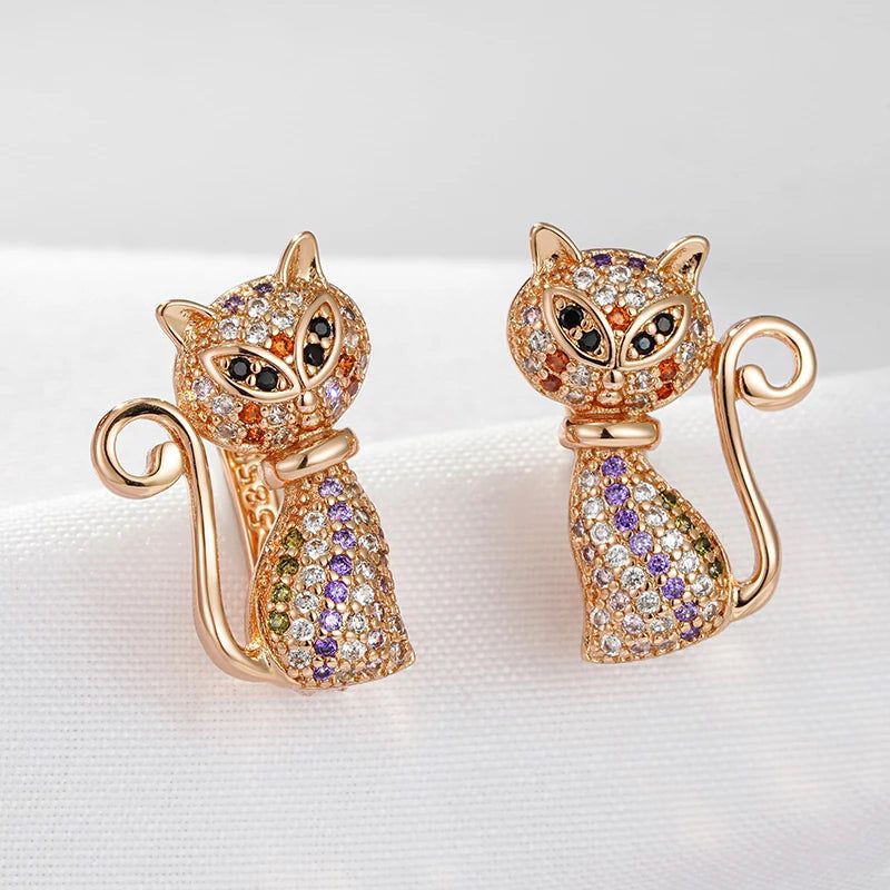 Adorable 585 Rose Gold Cat-Shaped Earrings with Black Natural Zircon for Kids - Charming Animal Jewelry for Festive Celebrations