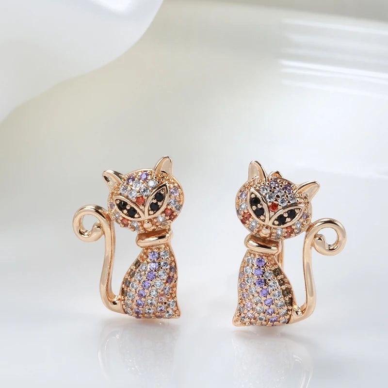 Adorable 585 Rose Gold Cat-Shaped Earrings with Black Natural Zircon for Kids - Charming Animal Jewelry for Festive Celebrations