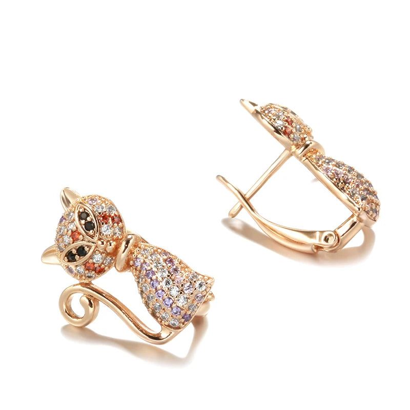 Adorable 585 Rose Gold Cat-Shaped Earrings with Black Natural Zircon for Kids - Charming Animal Jewelry for Festive Celebrations