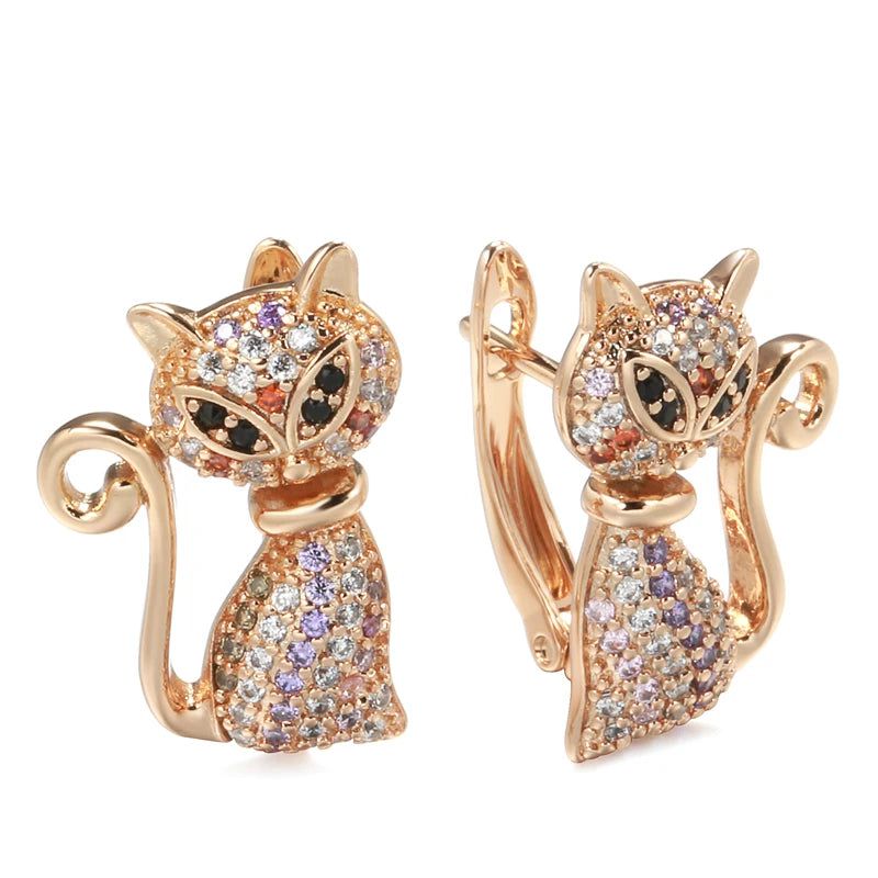 Adorable 585 Rose Gold Cat-Shaped Earrings with Black Natural Zircon for Kids - Charming Animal Jewelry for Festive Celebrations