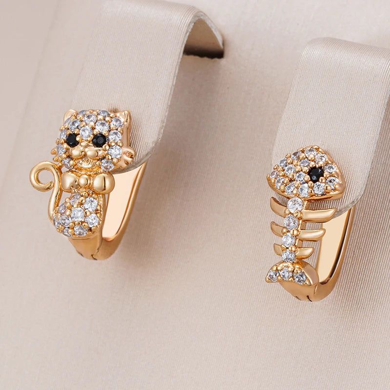 Adorable Rose Gold Cat and Fish Stud Earrings with Natural Zircon for Kids and Adults