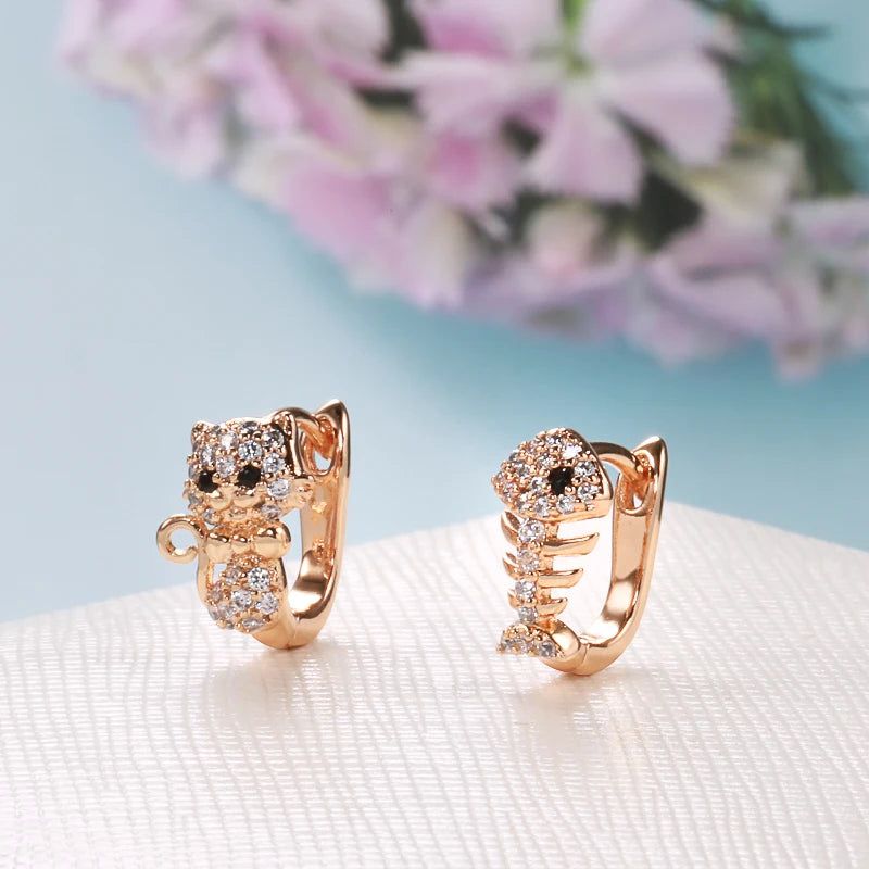 Adorable Rose Gold Cat and Fish Stud Earrings with Natural Zircon for Kids and Adults