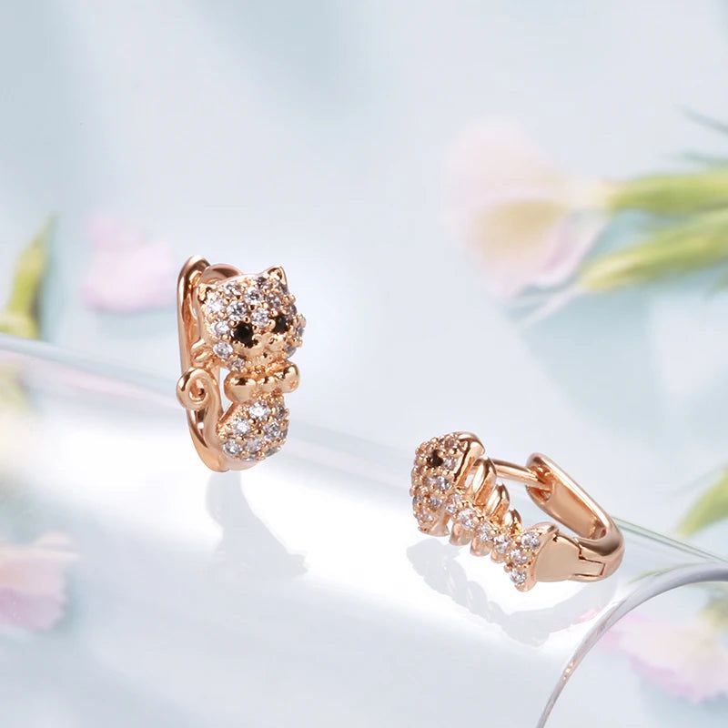 Adorable Rose Gold Cat and Fish Stud Earrings with Natural Zircon for Kids and Adults