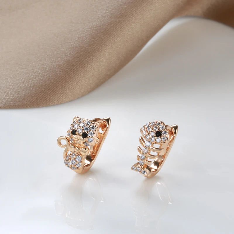 Adorable Rose Gold Cat and Fish Stud Earrings with Natural Zircon for Kids and Adults