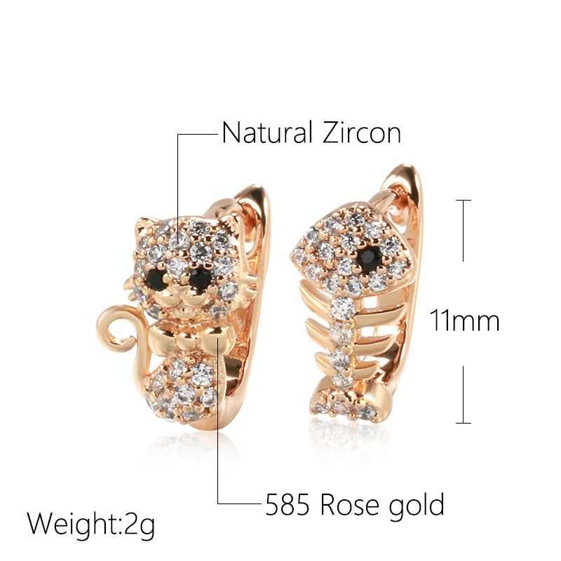 Adorable Rose Gold Cat and Fish Stud Earrings with Natural Zircon for Kids and Adults