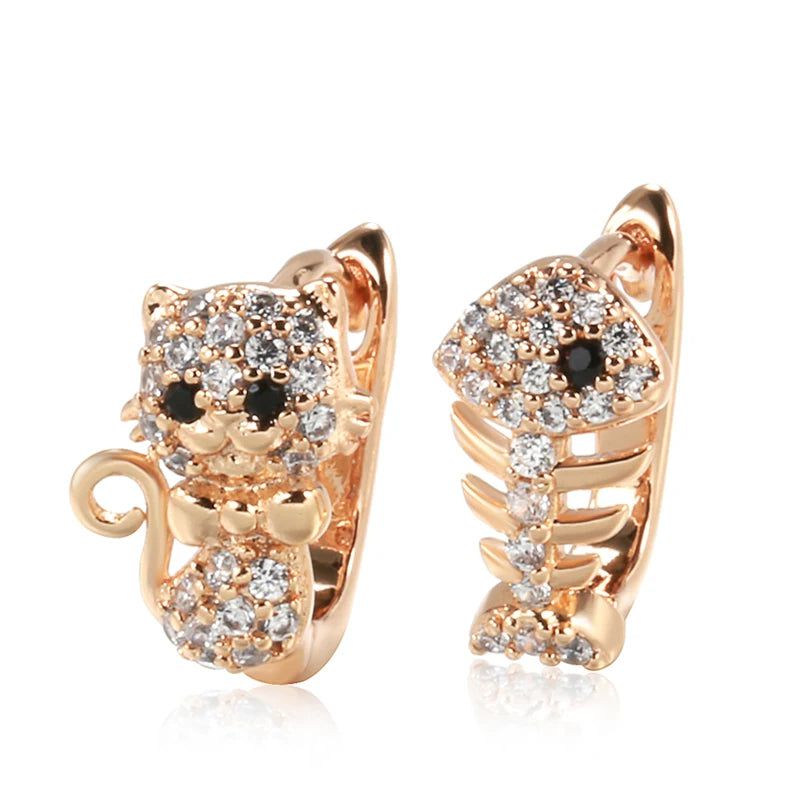 Adorable Rose Gold Cat and Fish Stud Earrings with Natural Zircon for Kids and Adults