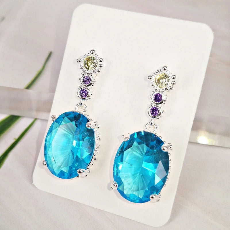 Aquamarine Drop Earrings with Silver Plating - 32mm Shiny Zircon Jewelry