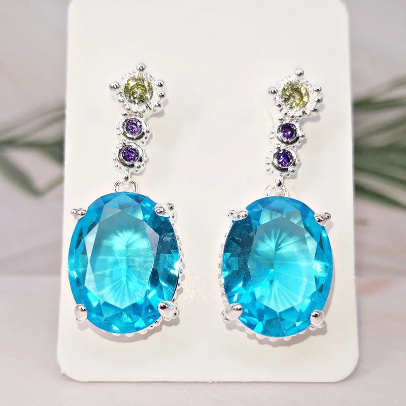 Aquamarine Drop Earrings with Silver Plating - 32mm Shiny Zircon Jewelry