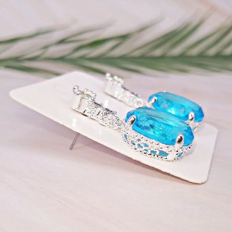 Aquamarine Drop Earrings with Silver Plating - 32mm Shiny Zircon Jewelry