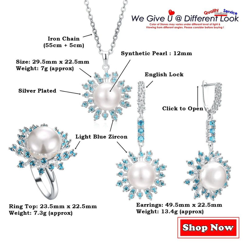 Aquamarine Elegance: Dreamcarnival Silver Plated Sweater Necklace with White Pearl Pendant