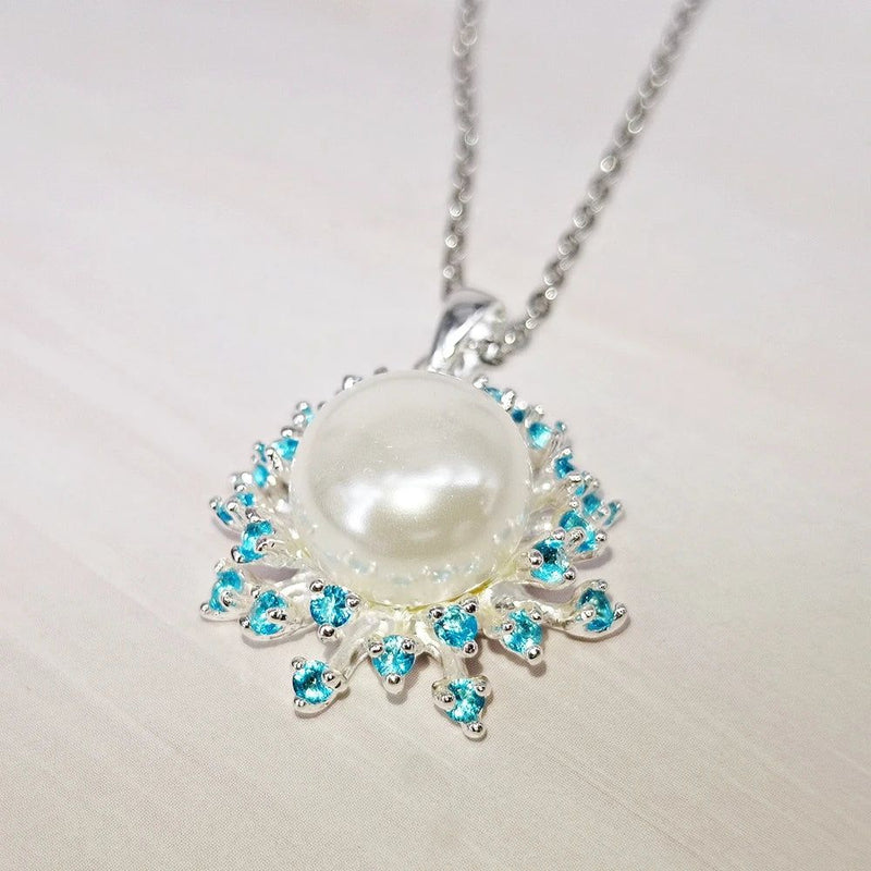 Aquamarine Elegance: Dreamcarnival Silver Plated Sweater Necklace with White Pearl Pendant