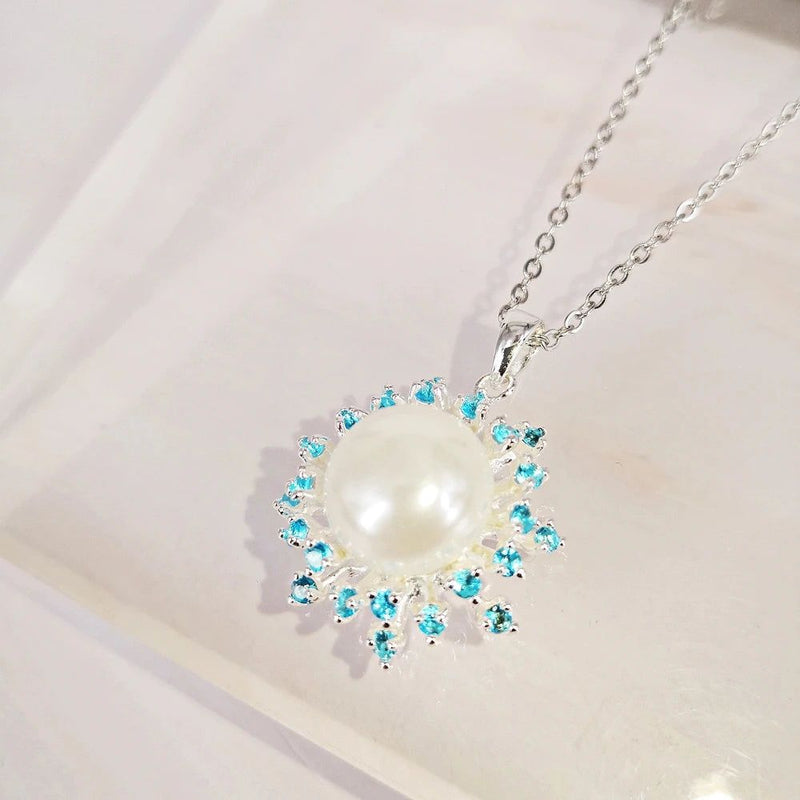 Aquamarine Elegance: Dreamcarnival Silver Plated Sweater Necklace with White Pearl Pendant