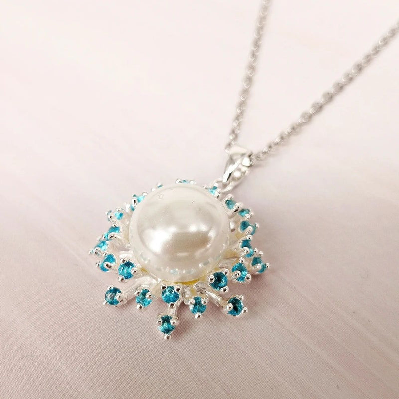 Aquamarine Elegance: Dreamcarnival Silver Plated Sweater Necklace with White Pearl Pendant