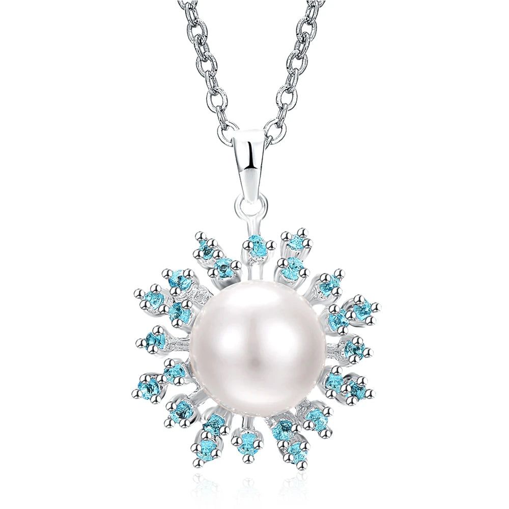 Aquamarine Elegance: Dreamcarnival Silver Plated Sweater Necklace with White Pearl Pendant