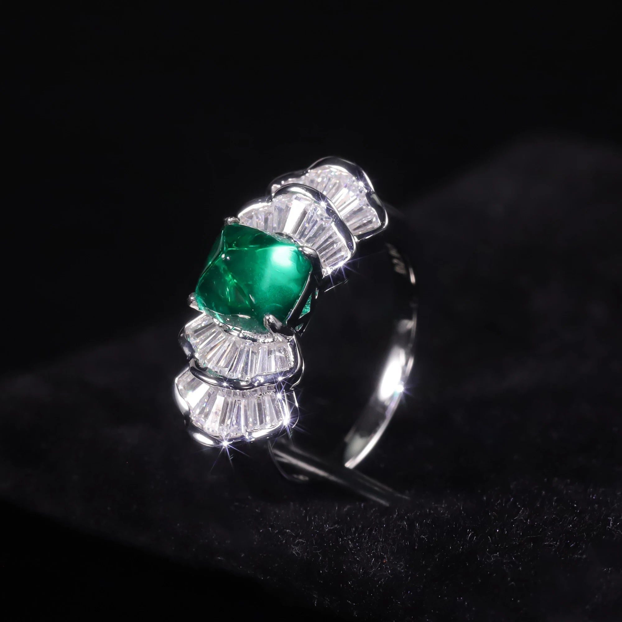 Art Deco Created Emerald Vintage Style Ring 925 Silver Women