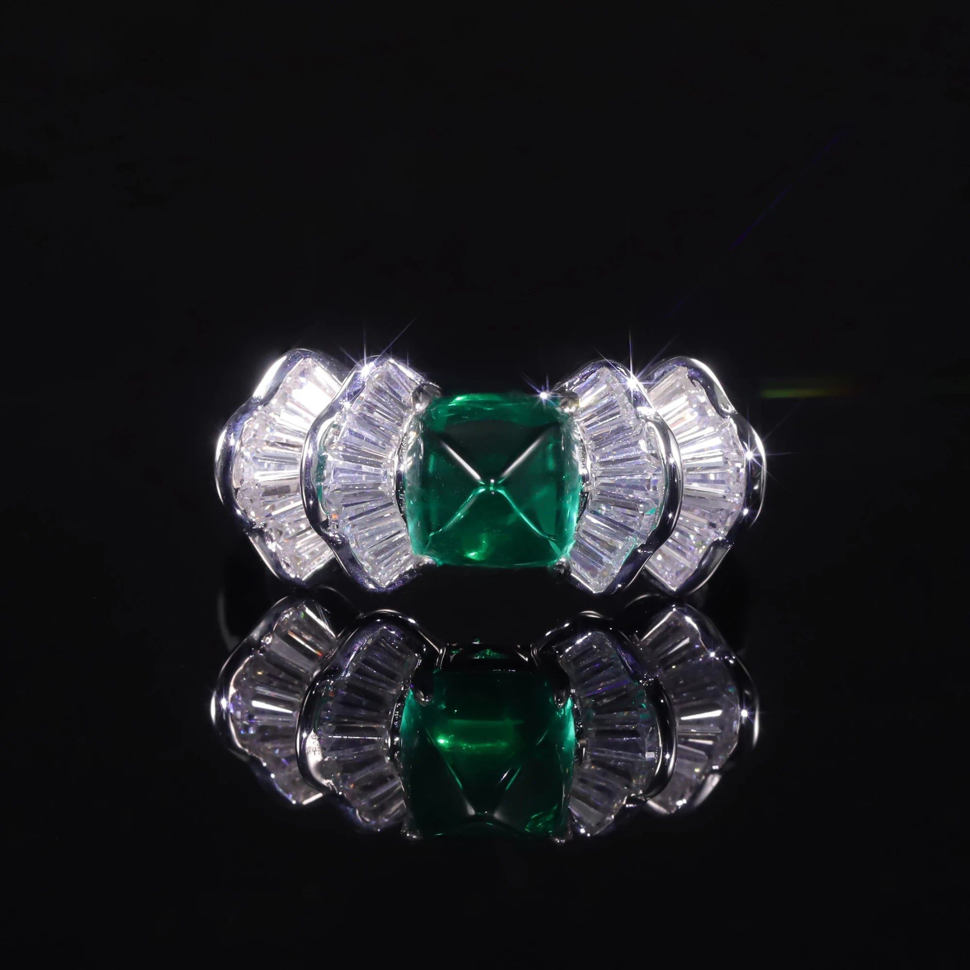 Art Deco Created Emerald Vintage Style Ring 925 Silver Women