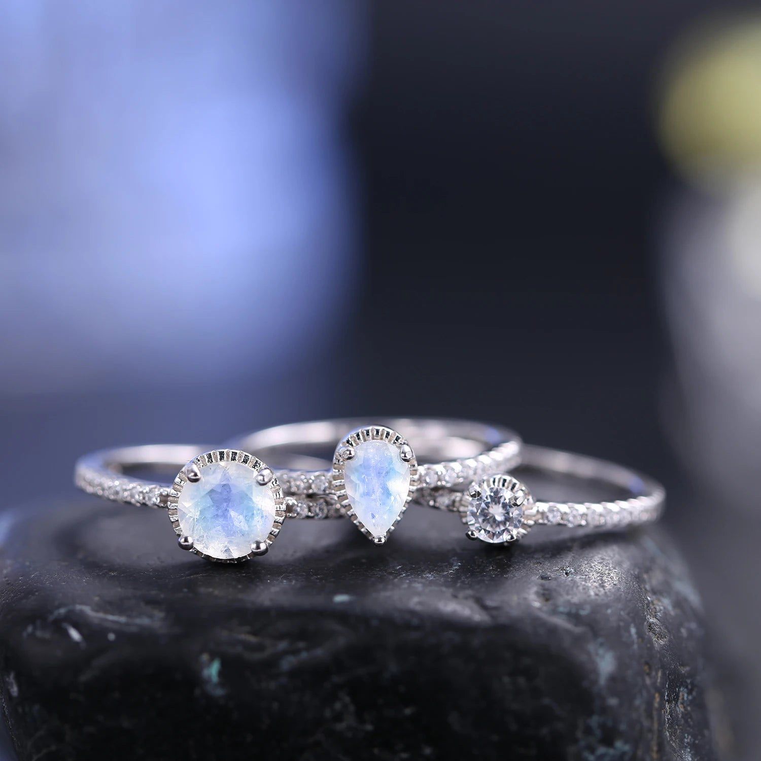 Art Deco Natural Milky Blue Moonstone Ring Set 3 Piece Set