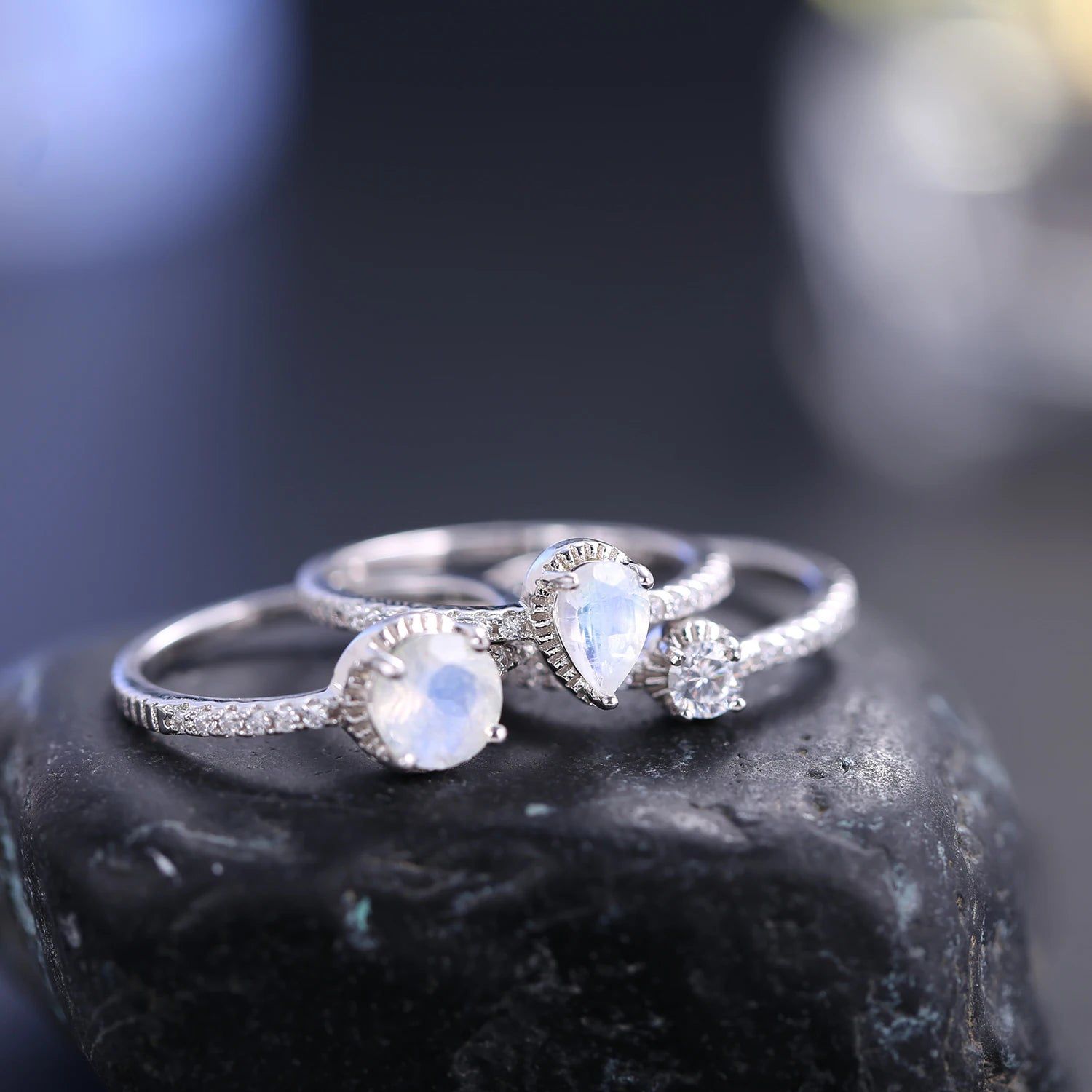 Art Deco Natural Milky Blue Moonstone Ring Set 3 Piece Set