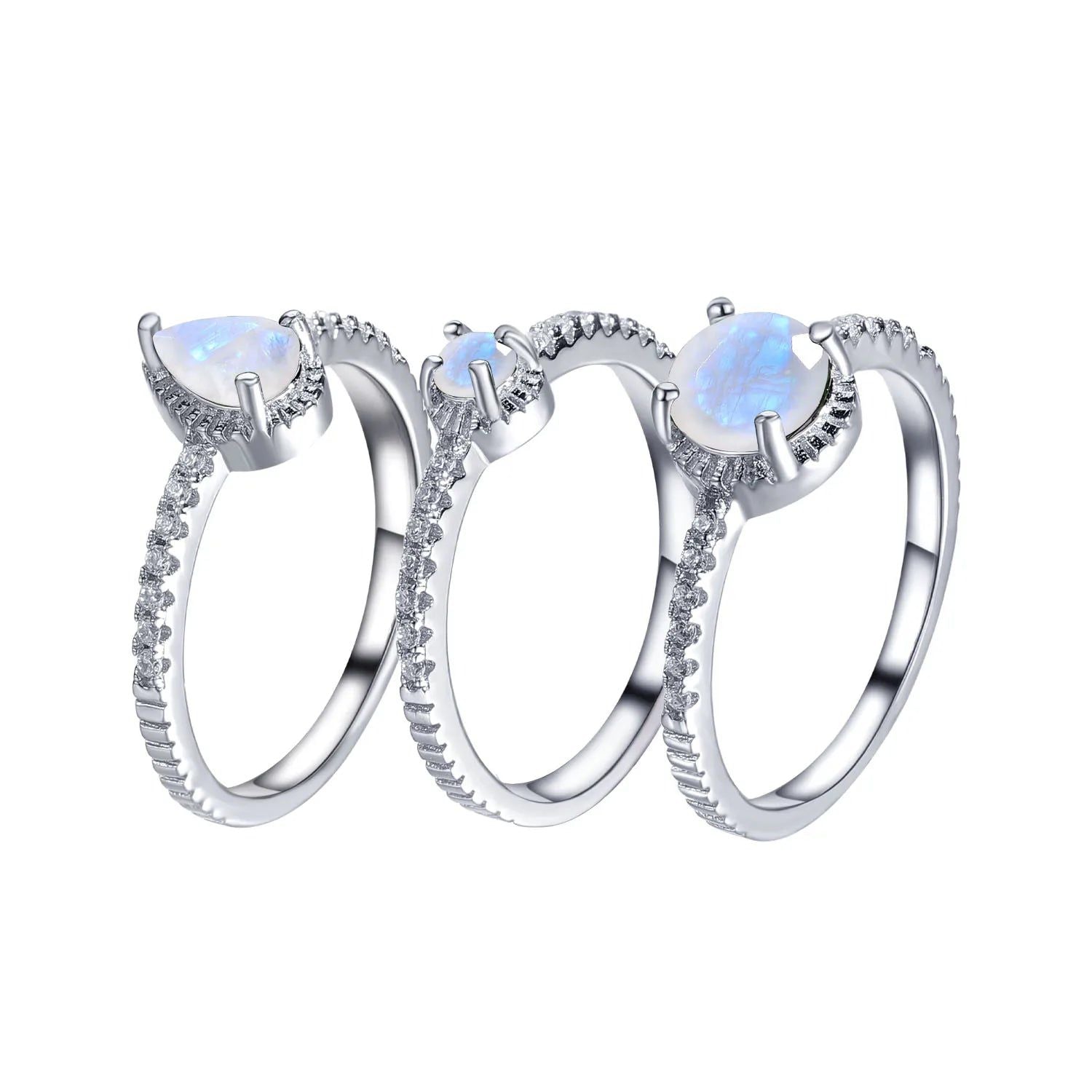 Art Deco Natural Milky Blue Moonstone Ring Set 3 Piece Set