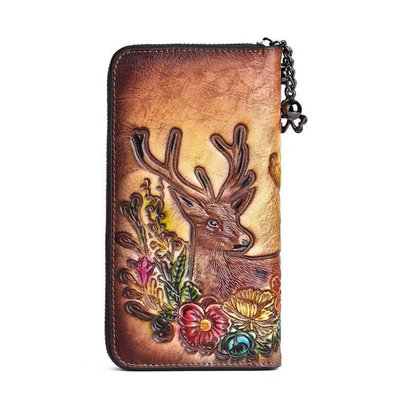 Artisan Leather Wallet for Women - Hand Painted Genuine Cowhide Zipper Card Holder with Unique Animal Prints